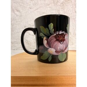 Kilncraft England I Love Tole Painting Mug Black Ceramic Hand Painted Floral Mug